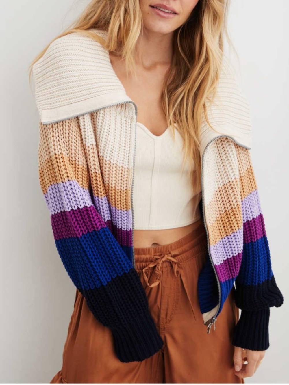 Aerie Colorblock Striped Double Zip Chunky Knit Sweater multi-color designs XL.